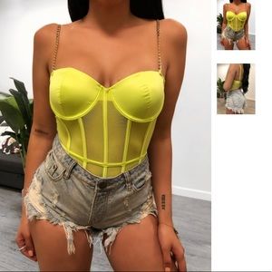 Neon yellow, chain straps, satin & mesh bodysuit.